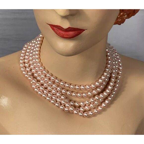 Pink Pearl Necklace Multi Strand Choker Statement Faux - Picture 1 of 16